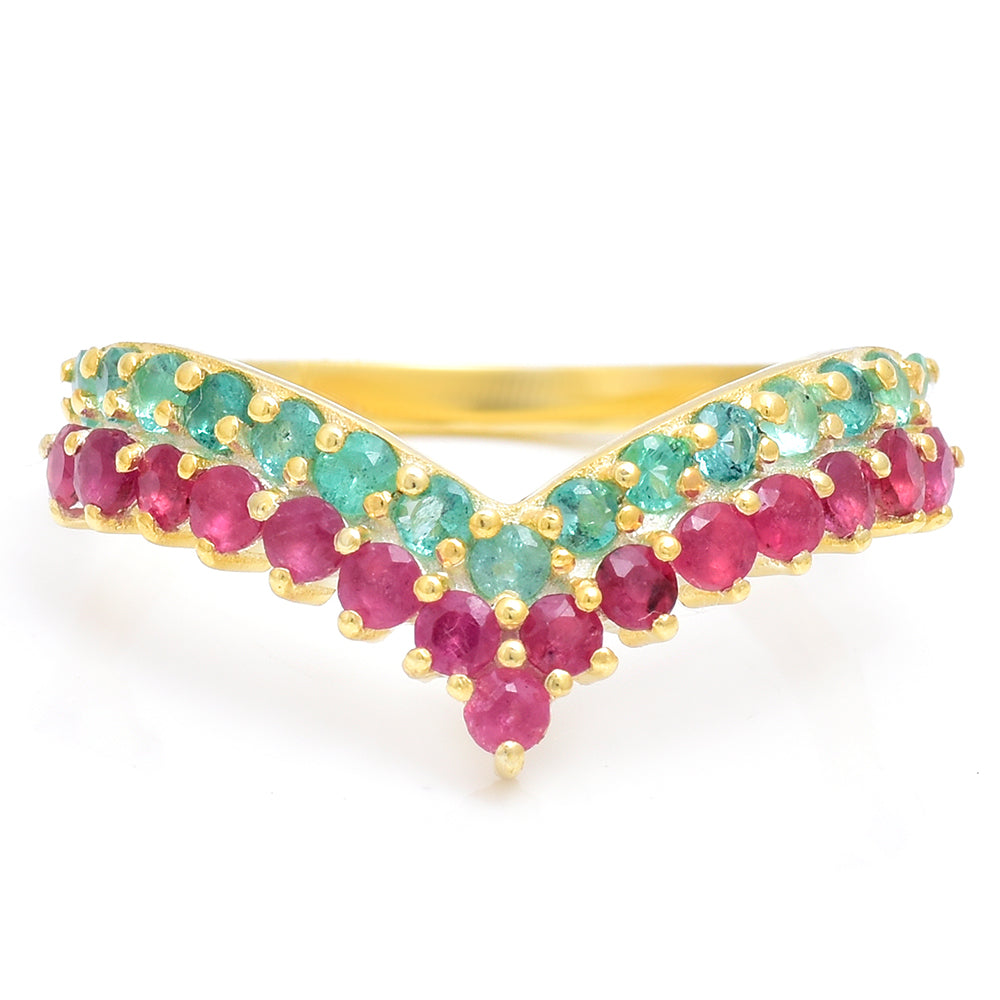 Goldplattierter Silberring mit Rubin aus Madagaskar und brasilianischem Smaragd