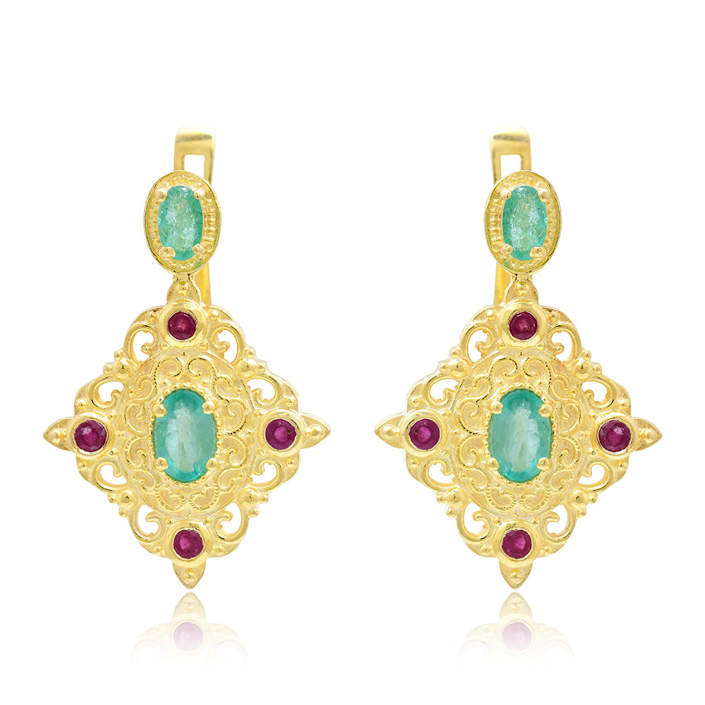 Goldplattierte Silberohrringe mit Rubin aus Madagaskar und brasilianischem Smaragd