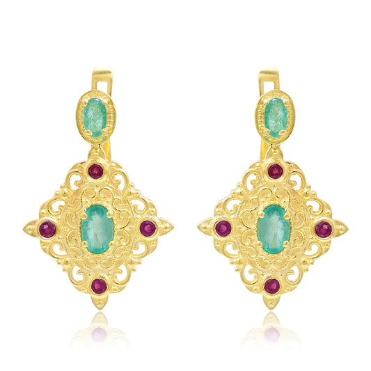 Goldplattierte Silberohrringe mit Rubin aus Madagaskar und brasilianischem Smaragd