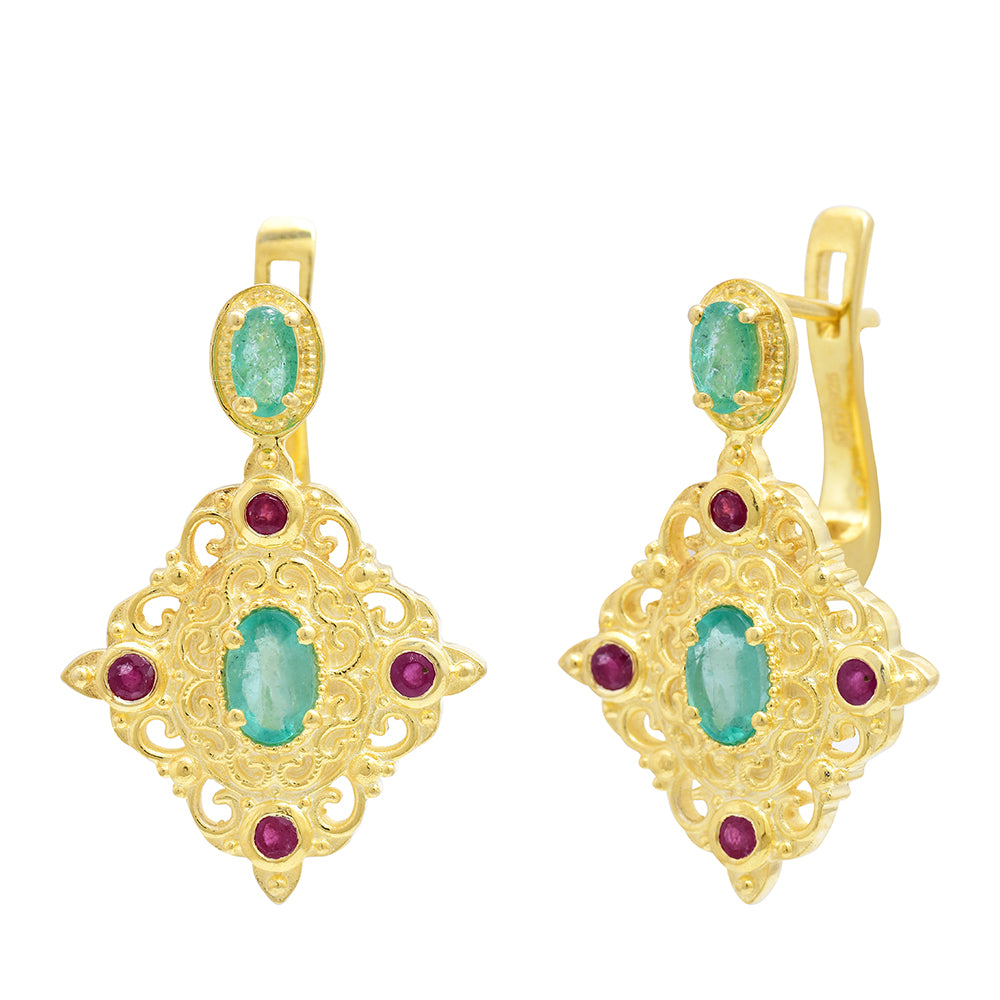 Goldplattierte Silberohrringe mit Rubin aus Madagaskar und brasilianischem Smaragd 8 