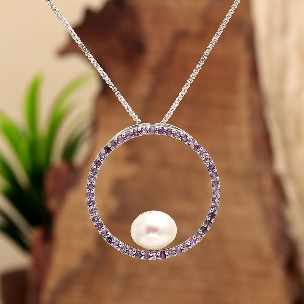 Silberanhänger mit brasilianischem Amethyst und weißer Süßwasserperle 2 