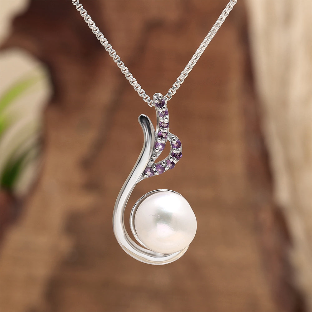 Silberanhänger mit brasilianischem Amethyst und weißer Süßwasserperle 2 