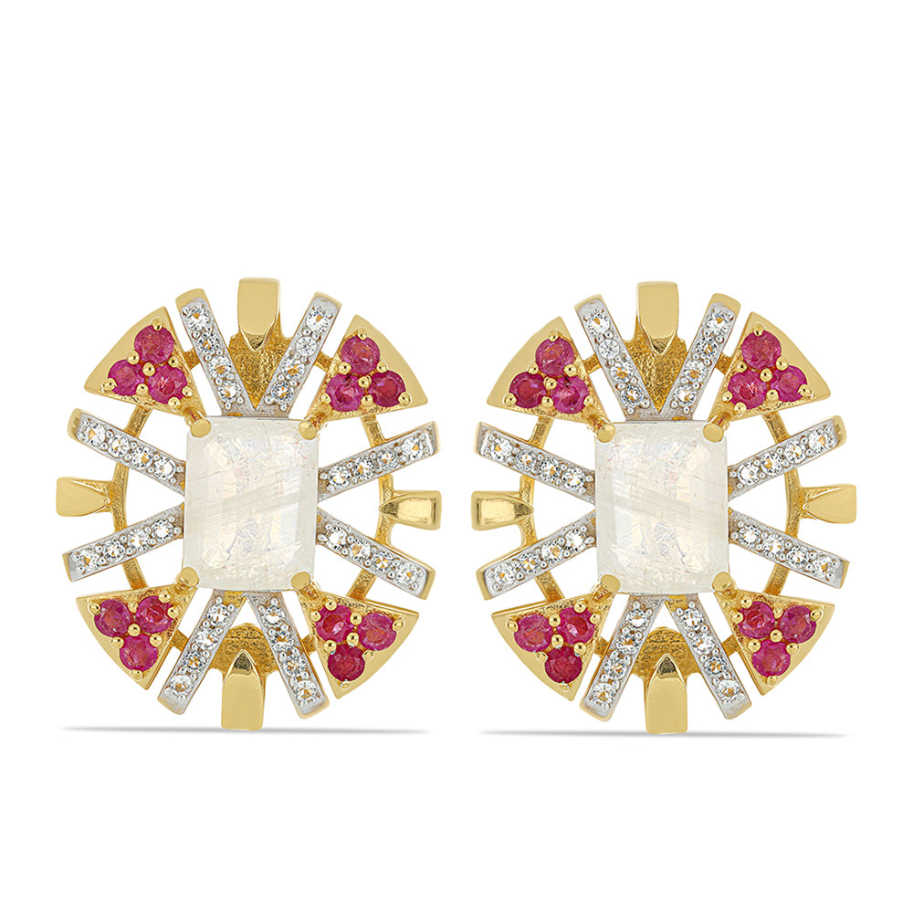 Goldplattierte Silberohrringe mit Regenbogenmondstein und Rubin aus Madagaskar