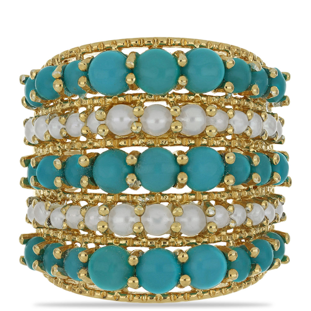 Goldplattierter Silberring mit Dornröschen Türkis und weißer Süßwasserperle 1 