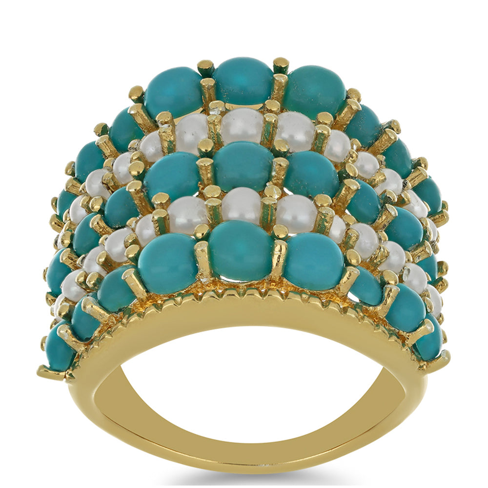 Goldplattierter Silberring mit Dornröschen Türkis und weißer Süßwasserperle