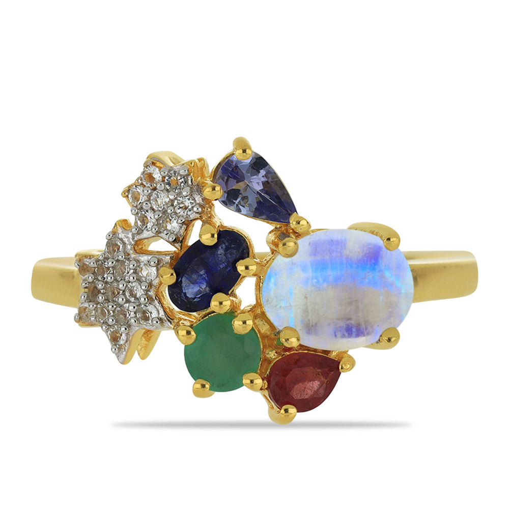 Goldplattierter Silberring mit Regenbogenmondstein und Tansanit 1 