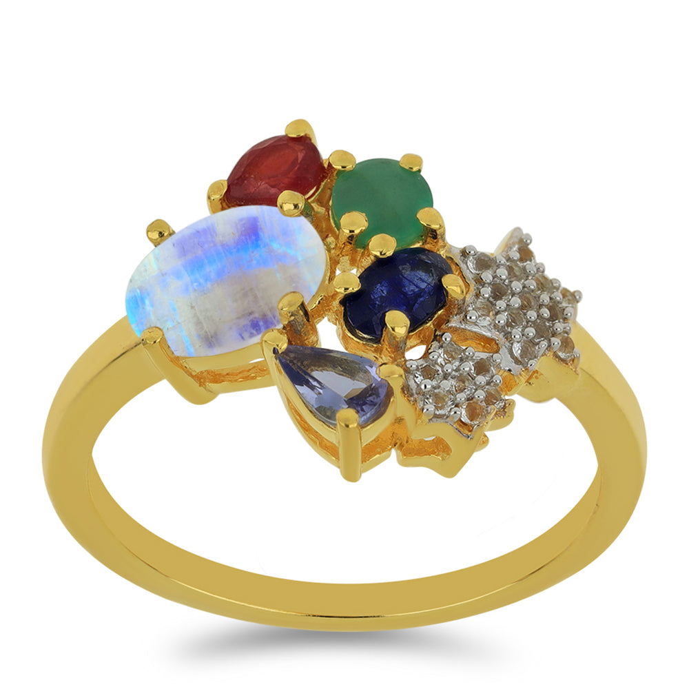Goldplattierter Silberring mit Regenbogenmondstein und Tansanit 3 