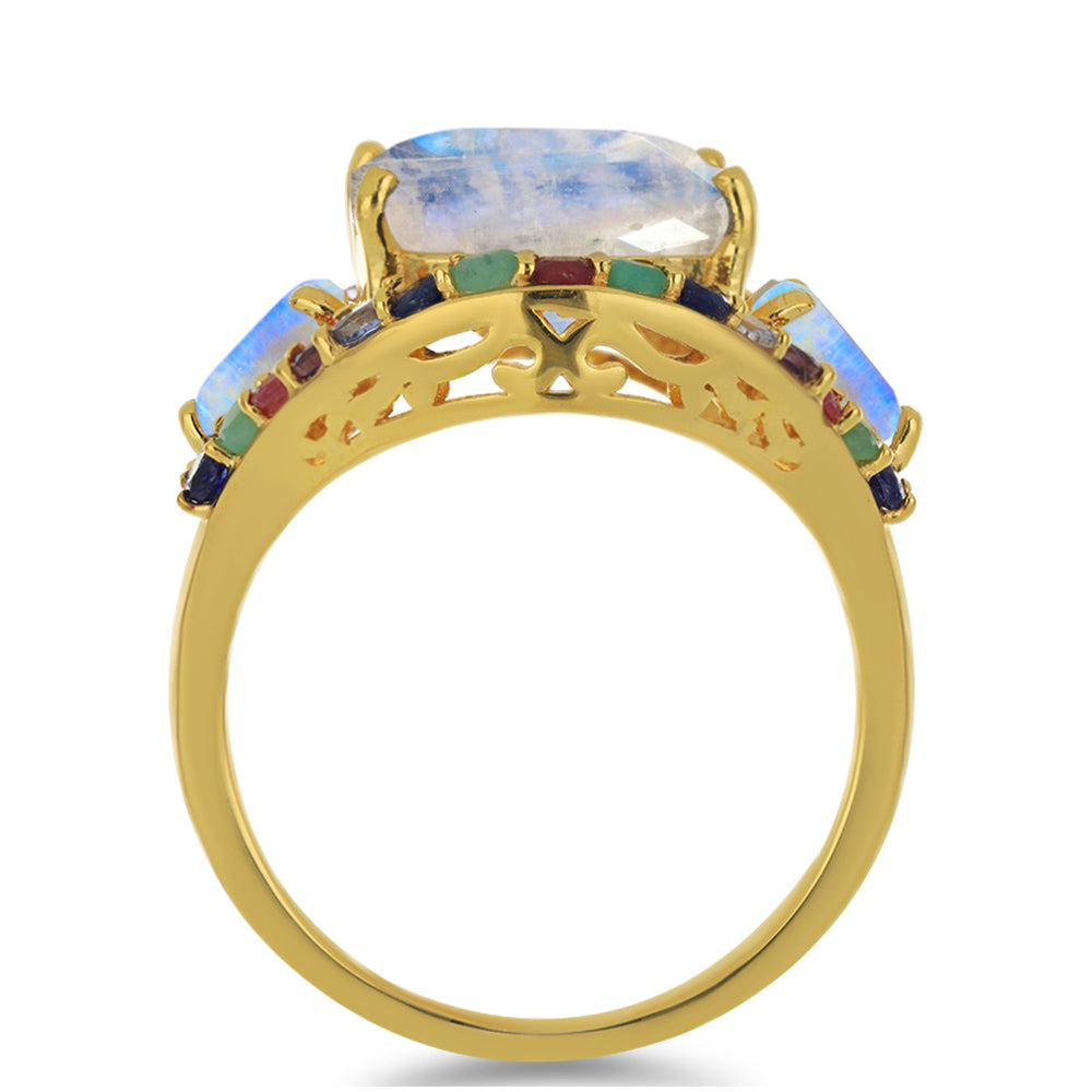Goldplattierter Silberring mit Regenbogenmondstein und Tansanit 2 