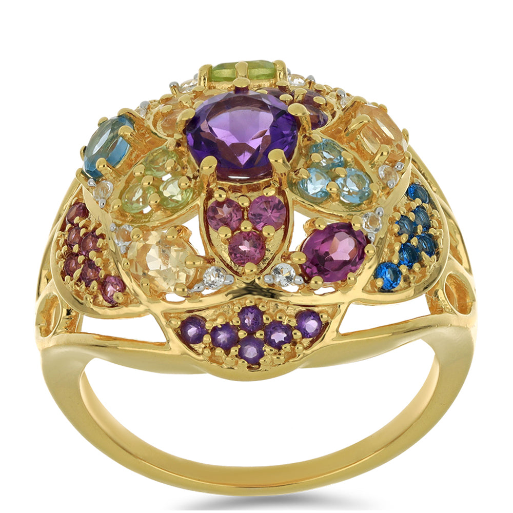 Goldplattierter Silberring mit Rhodolith aus Moatize und Zitrin aus dem Ural