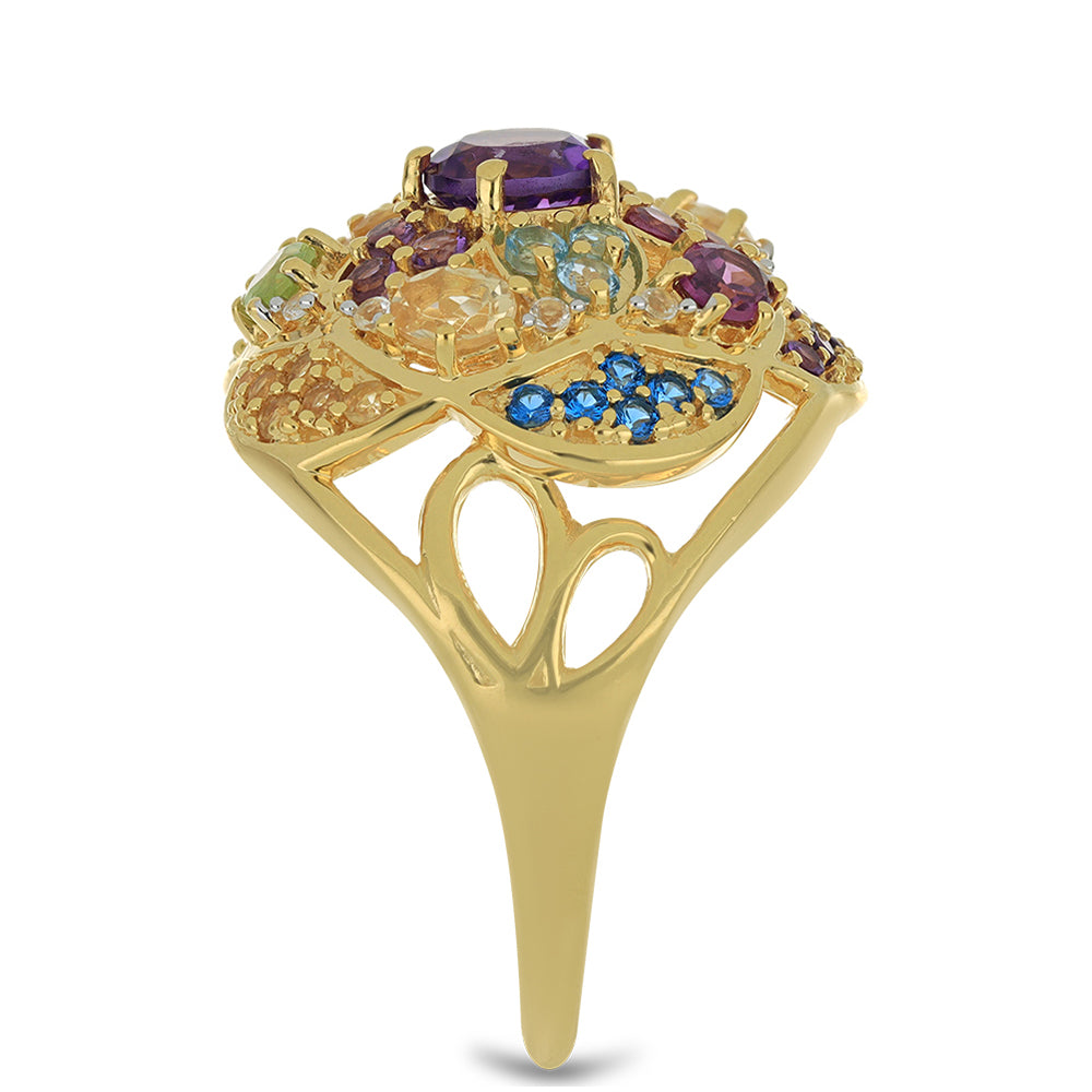 Goldplattierter Silberring mit Rhodolith aus Moatize und Zitrin aus dem Ural