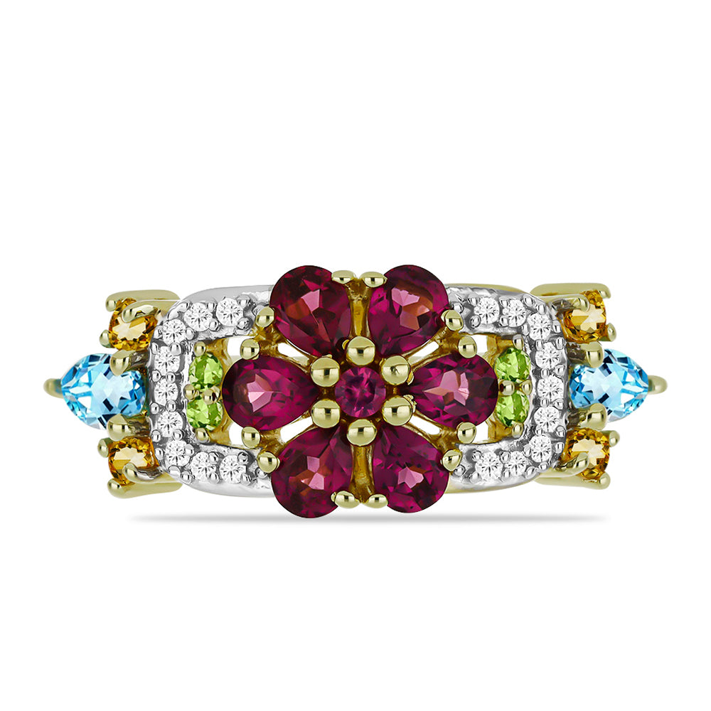 Goldplattierter Silberring mit Rhodolith aus Moatize und Zitrin aus dem Ural 1 