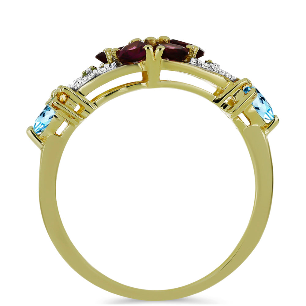 Goldplattierter Silberring mit Rhodolith aus Moatize und Zitrin aus dem Ural