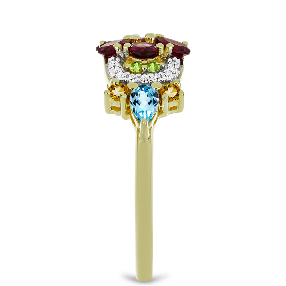 Goldplattierter Silberring mit Rhodolith aus Moatize und Zitrin aus dem Ural