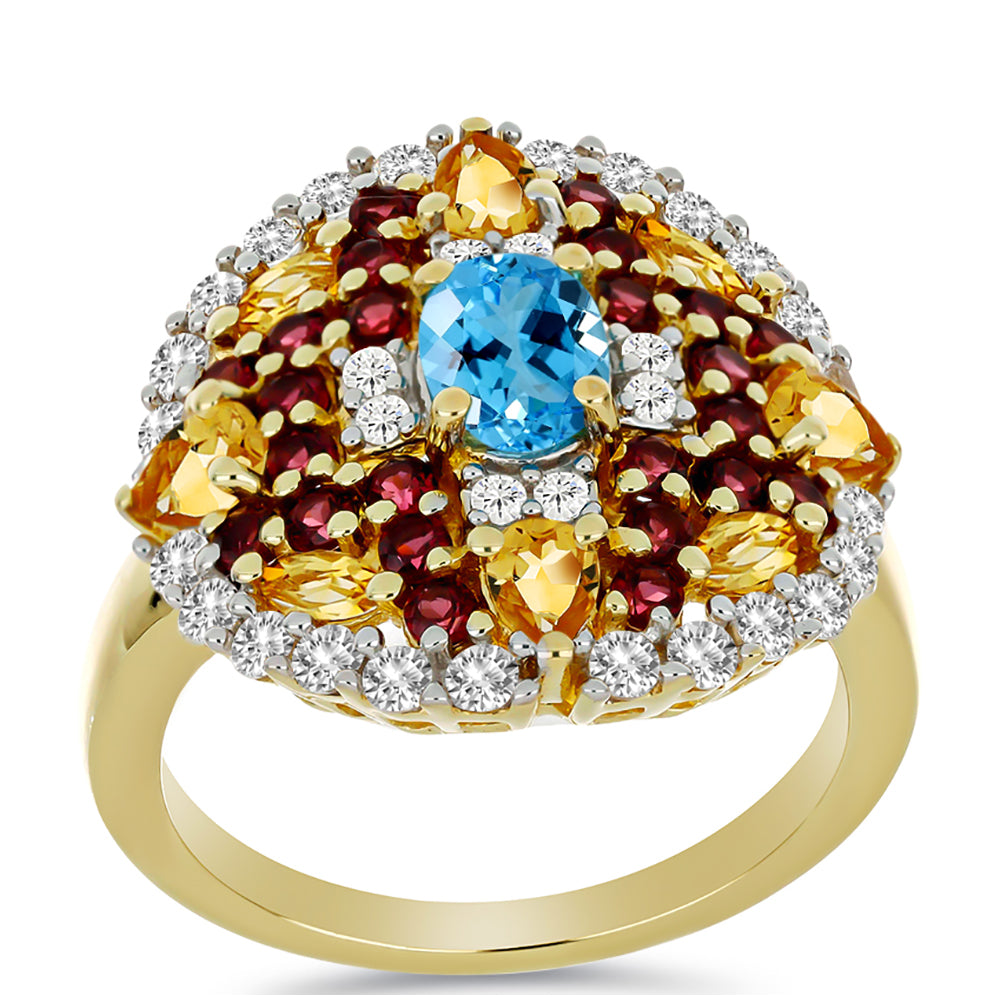 Goldplattierter Silberring mit Rhodolith aus Moatize und Zitrin aus dem Ural