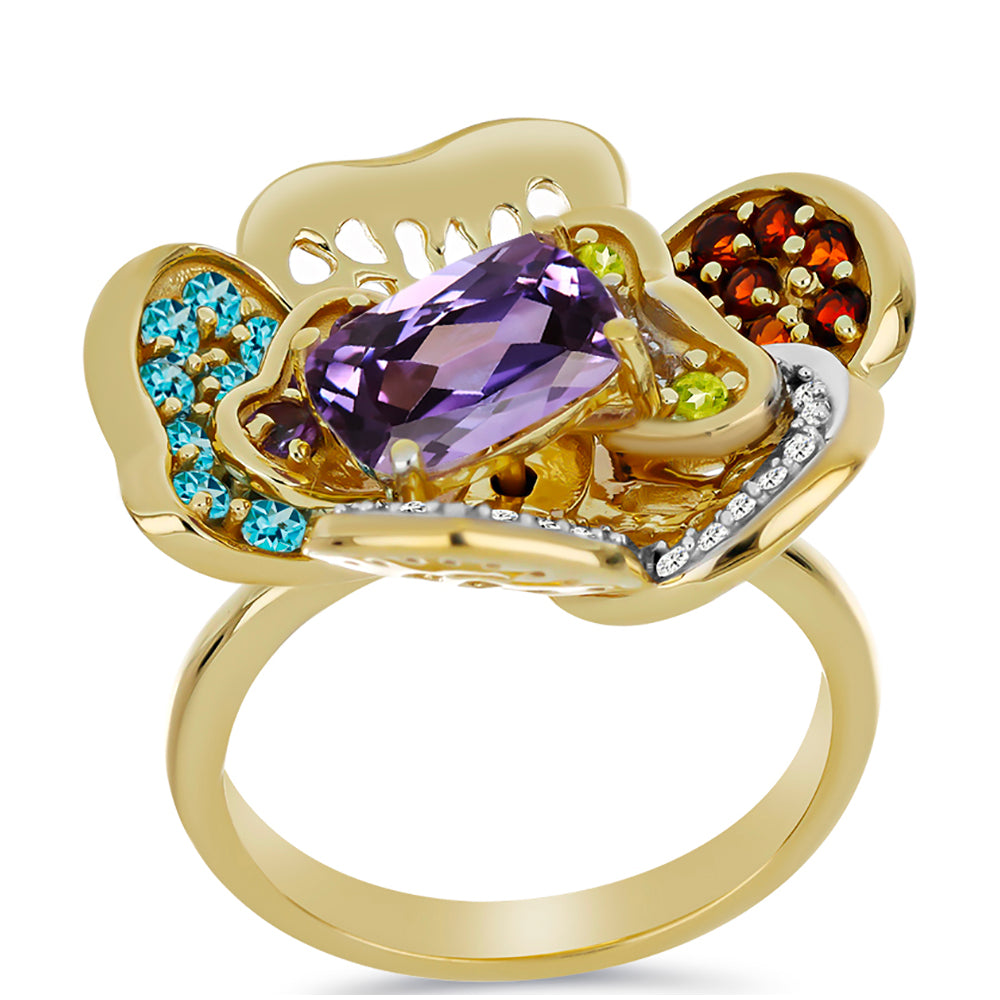 Goldplattierter Silberring mit marokkanischem Amethyst und Peridot aus Changbai