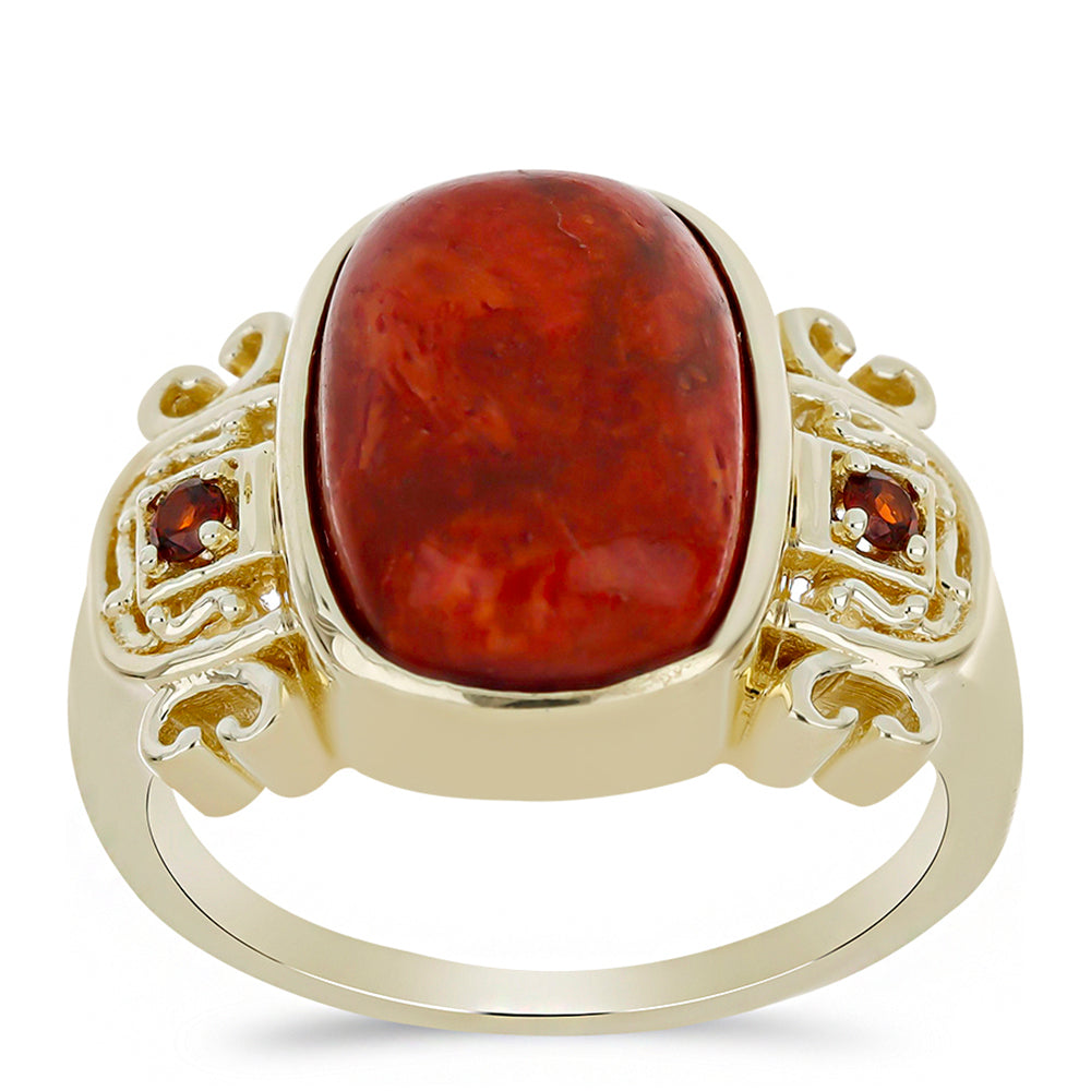 Goldplattierter Silberring mit roter Koralle und Barton Granat 3 