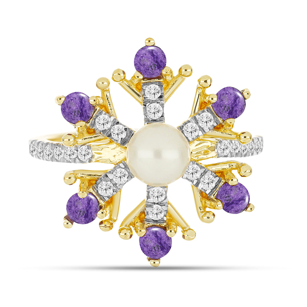 Goldplattierter Silberring mit Charoit und weißer Süßwasserperle 1 