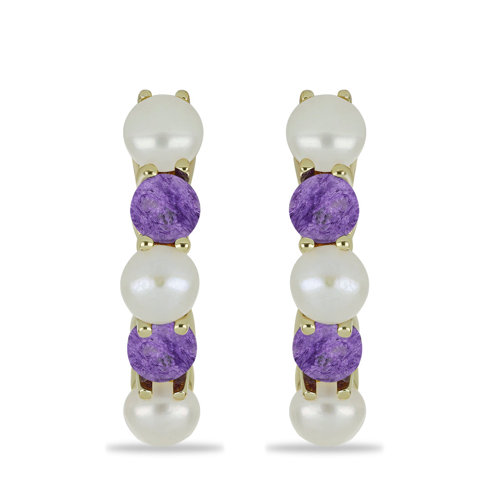 Goldplattierte Silberohrringe mit Charoit und weißer Süßwasserperle 3 