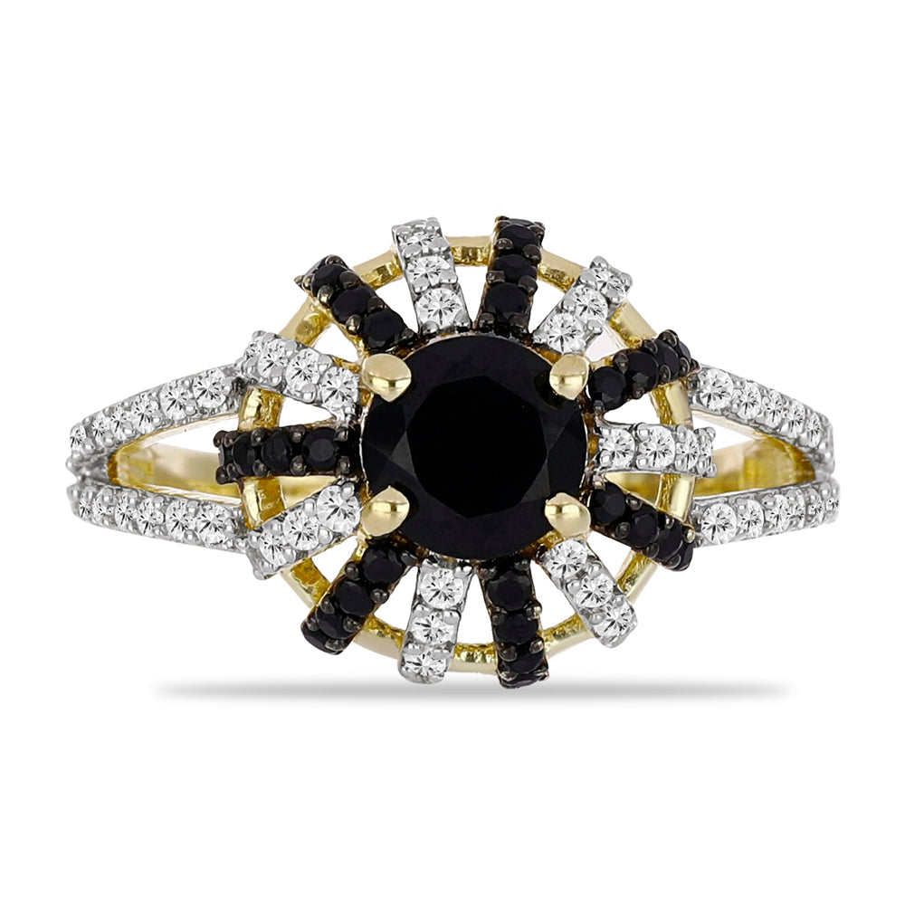 Goldplattierter Silberring mit schwarzem Spinell und weißem Topas