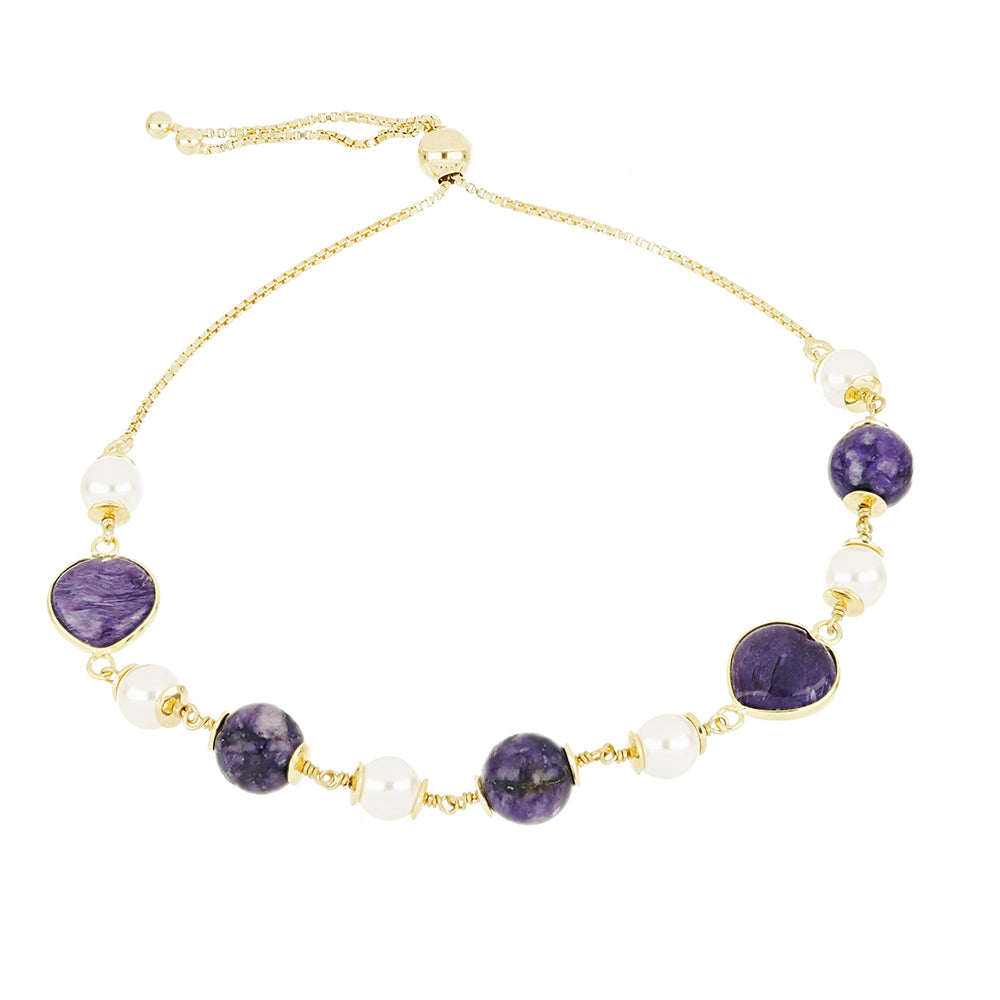 Goldplattiertes Silberarmband mit Charoit und weißer Süßwasserperle 1 