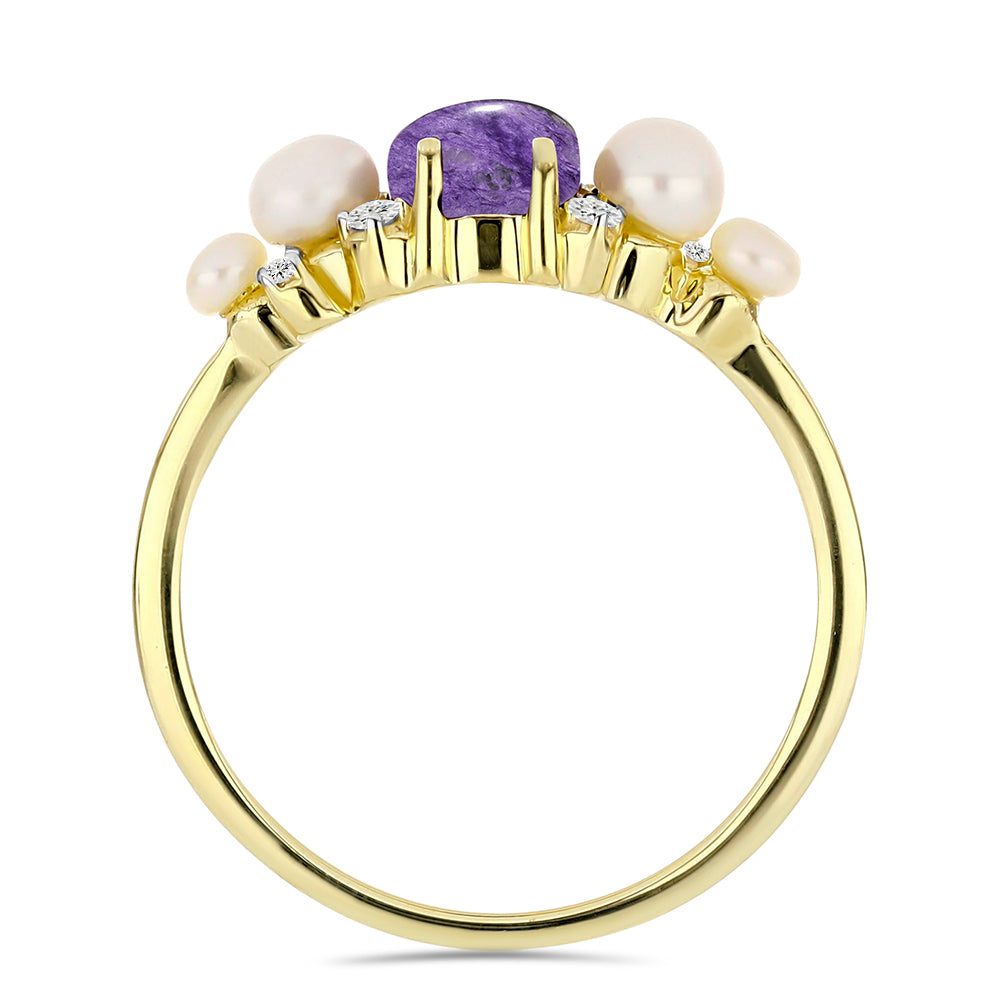 Goldplattierter Silberring mit Charoit und weißer Süßwasserperle