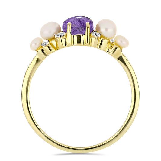 Goldplattierter Silberring mit Charoit und weißer Süßwasserperle