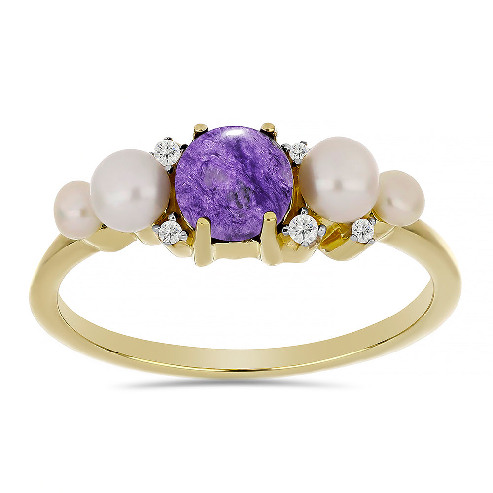 Goldplattierter Silberring mit Charoit und weißer Süßwasserperle 3 