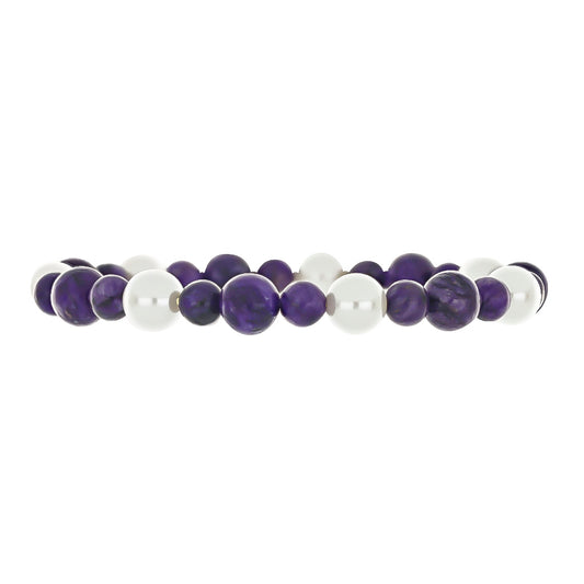 Nugget Armband mit Charoit und weißer Süßwasserperle
