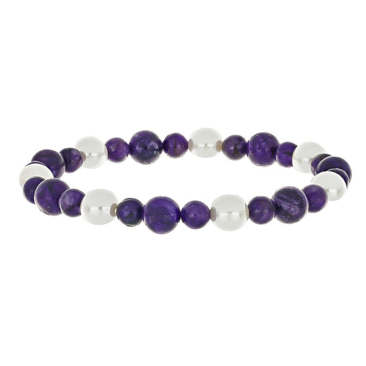 Nugget Armband mit Charoit und weißer Süßwasserperle