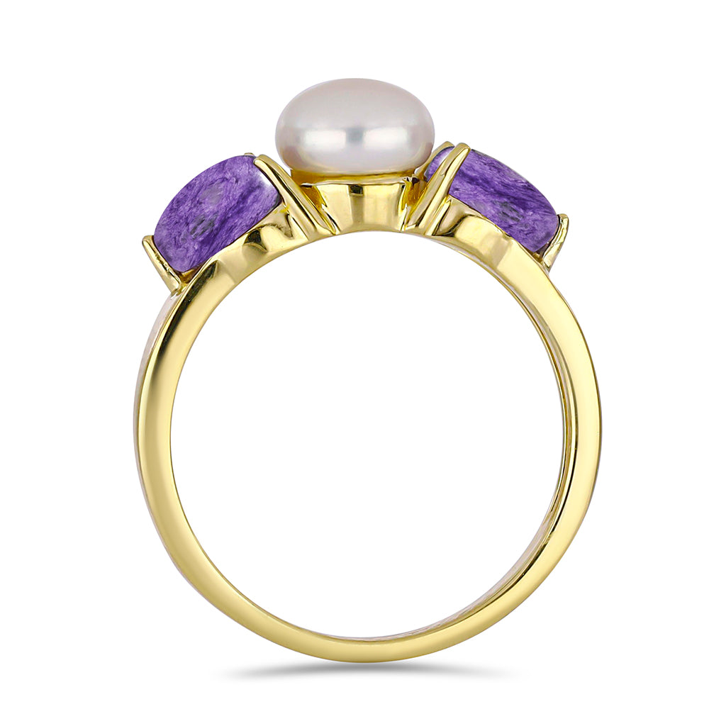 Goldplattierter Silberring mit Charoit und weißer Süßwasserperle 2 