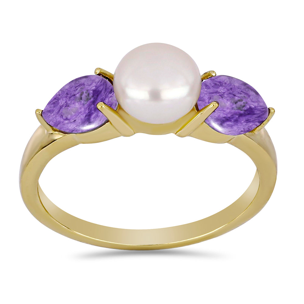 Goldplattierter Silberring mit Charoit und weißer Süßwasserperle 3 