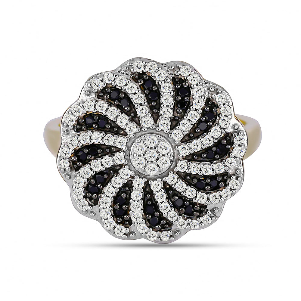 Goldplattierter Silberring mit schwarzem Spinell und weißem Topas