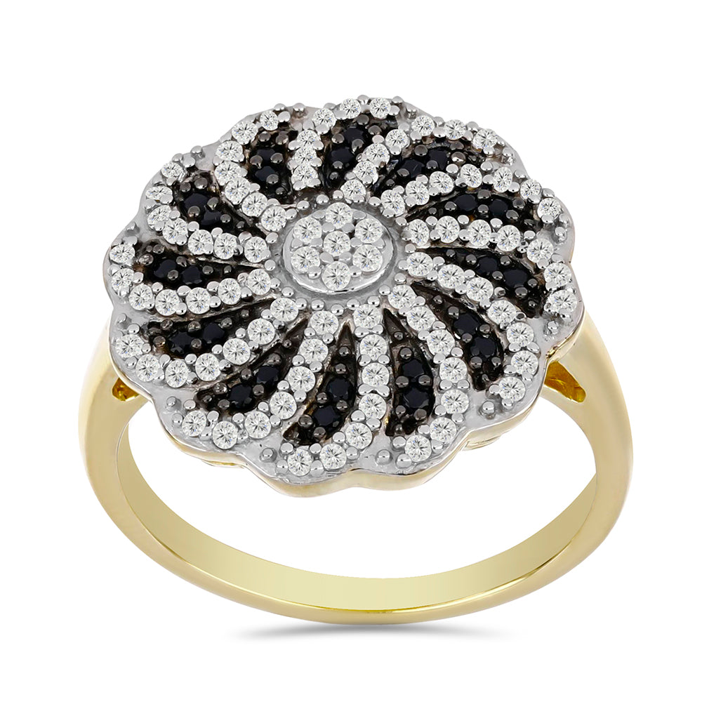 Goldplattierter Silberring mit schwarzem Spinell und weißem Topas