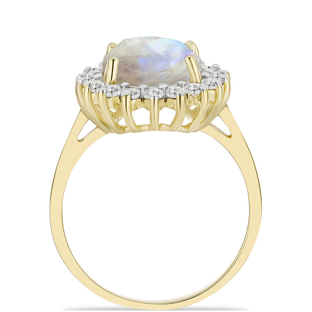 Goldplattierter Silberring mit Regenbogenmondstein und weißem Topas