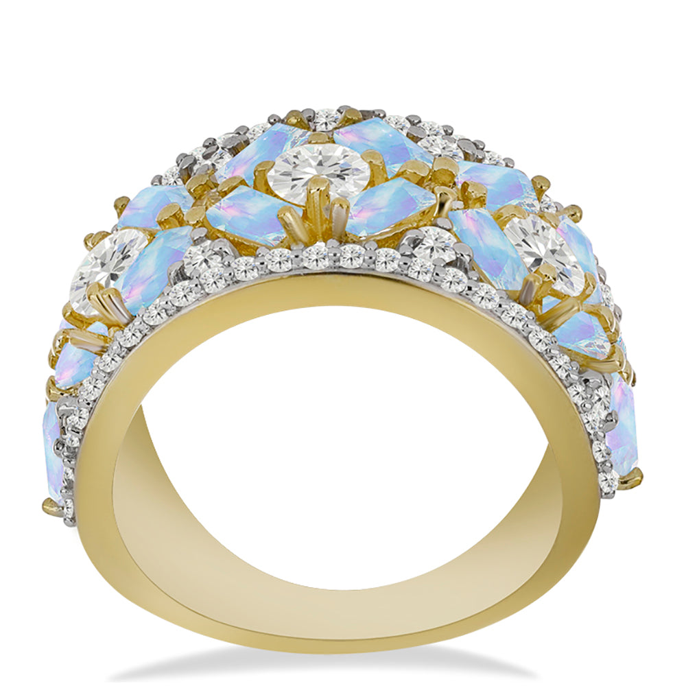 Goldplattierter Silberring mit Regenbogenmondstein und weißem Topas