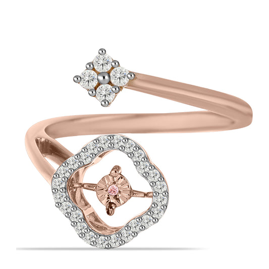 Rosevergoldeter Silberring mit rosafarbenem tanzendem Diamanten und weißem Topas