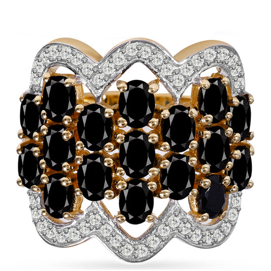 Goldplattierter Silberring mit schwarzem Turmalin aus Pelmadulla und weißem Topas