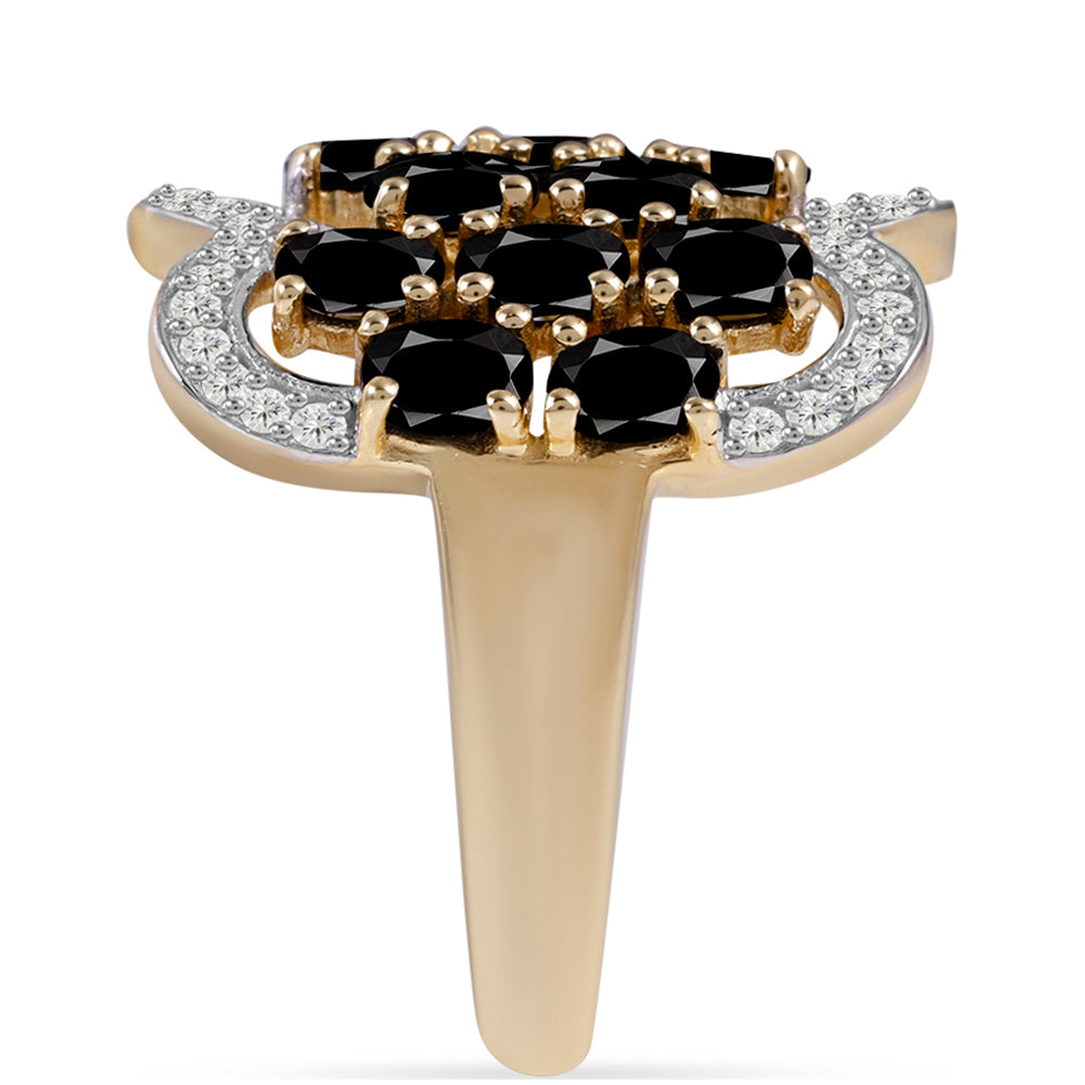 Goldplattierter Silberring mit schwarzem Turmalin aus Pelmadulla und weißem Topas