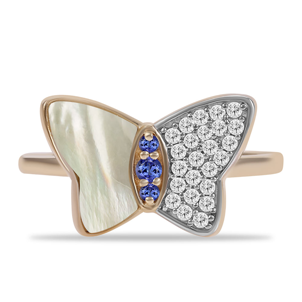 Goldplattierter Silberring mit Tansanit - Klasse AAA und Perlmutt