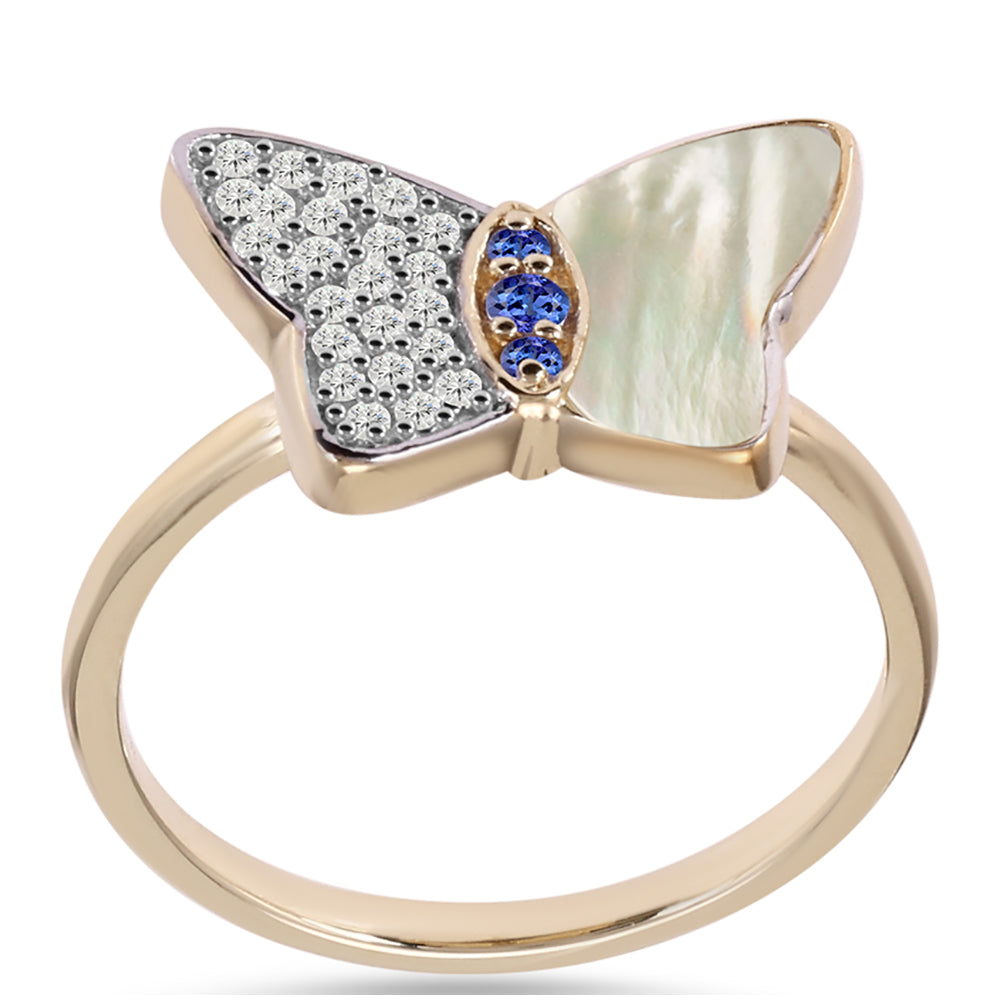 Goldplattierter Silberring mit Tansanit - Klasse AAA und Perlmutt