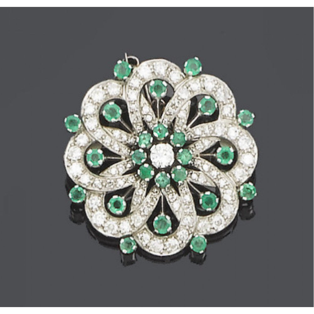 Silberbrosche mit Chromdiopsid und weißem Topas