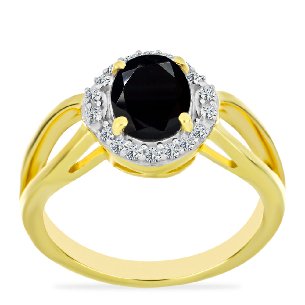 Goldplattierter Silberring mit schwarzem Onyx und weißem Topas