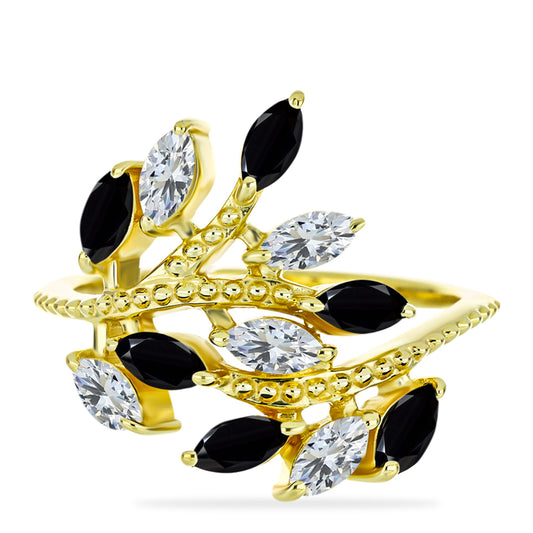 Goldplattierter Silberring mit schwarzem Onyx und weißem Topas