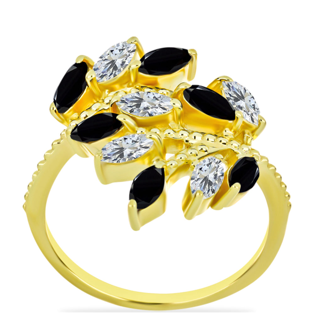 Goldplattierter Silberring mit schwarzem Onyx und weißem Topas