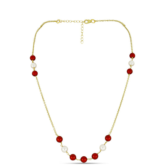 Goldplattierte Silberhalskette mit roter Süßwasserperle und weißer Süßwasserperle