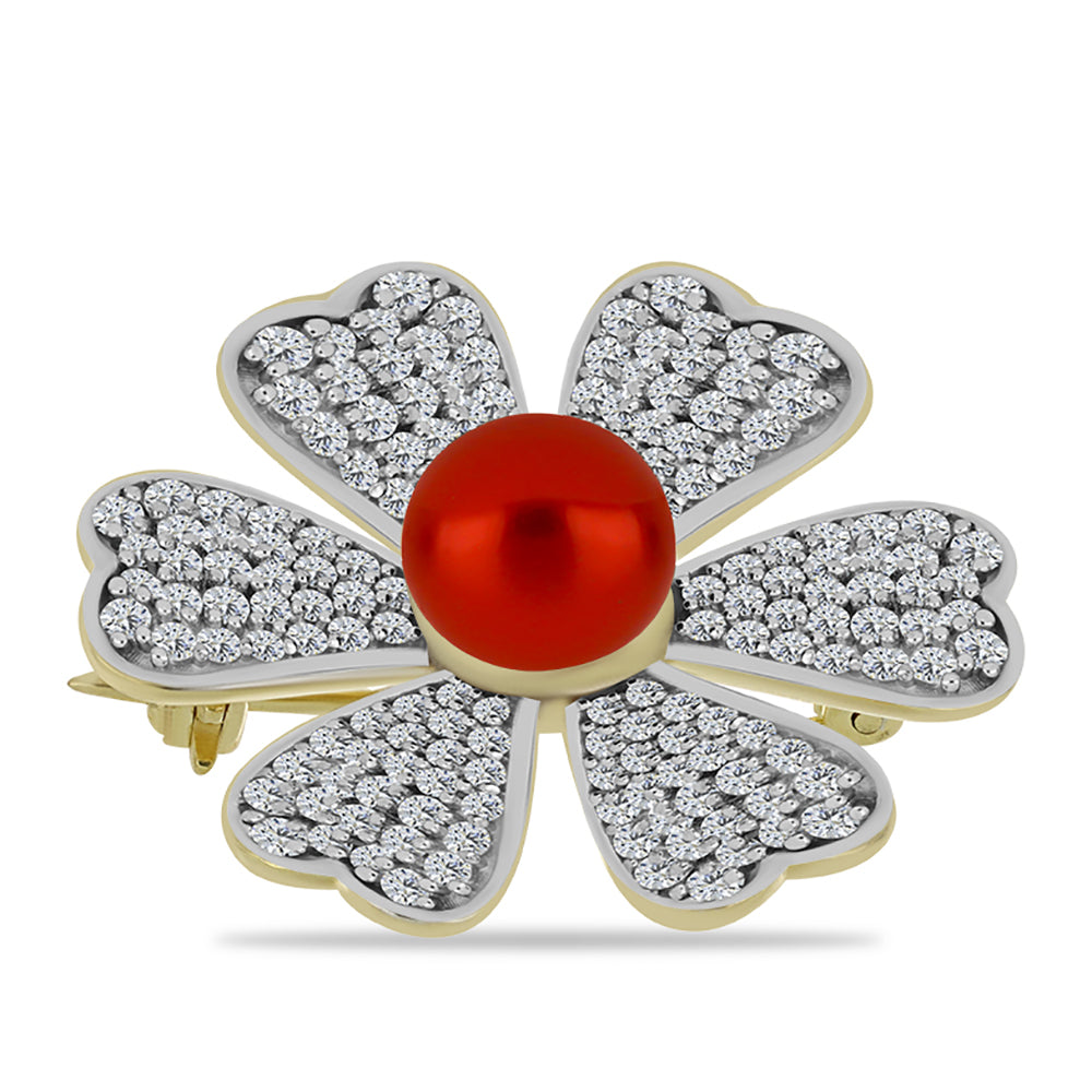 Goldplattierte Silberbrosche mit roter Süßwasserperle und weißem Topas 1 
