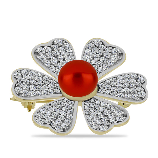 Goldplattierte Silberbrosche mit roter Süßwasserperle und weißem Topas