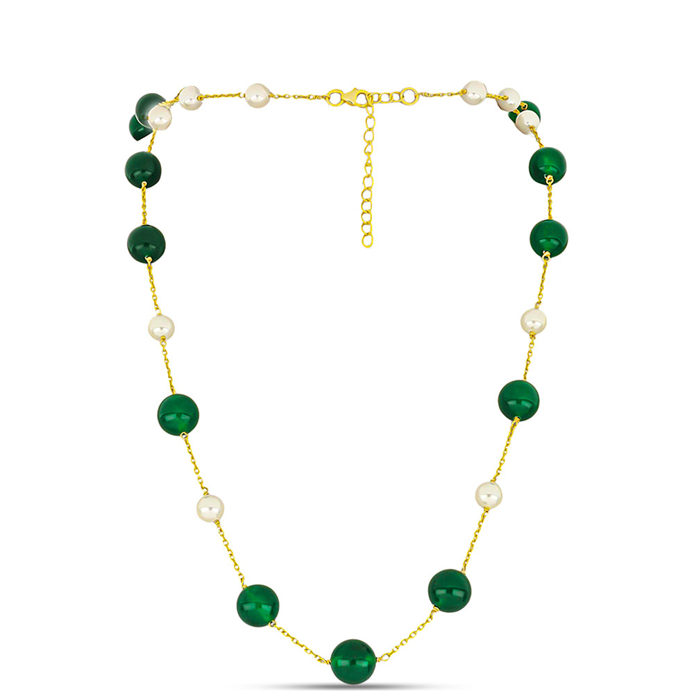 Goldplattierte Silberhalskette mit grünem Jadeit und weißer Süßwasserperle 1 