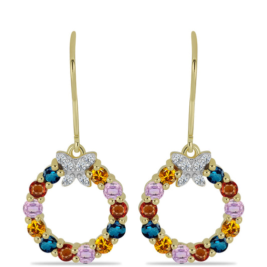 Goldplattierte Silberohrringe mit regenbogenfarbenem Rosebery Saphir und weißem Topas
