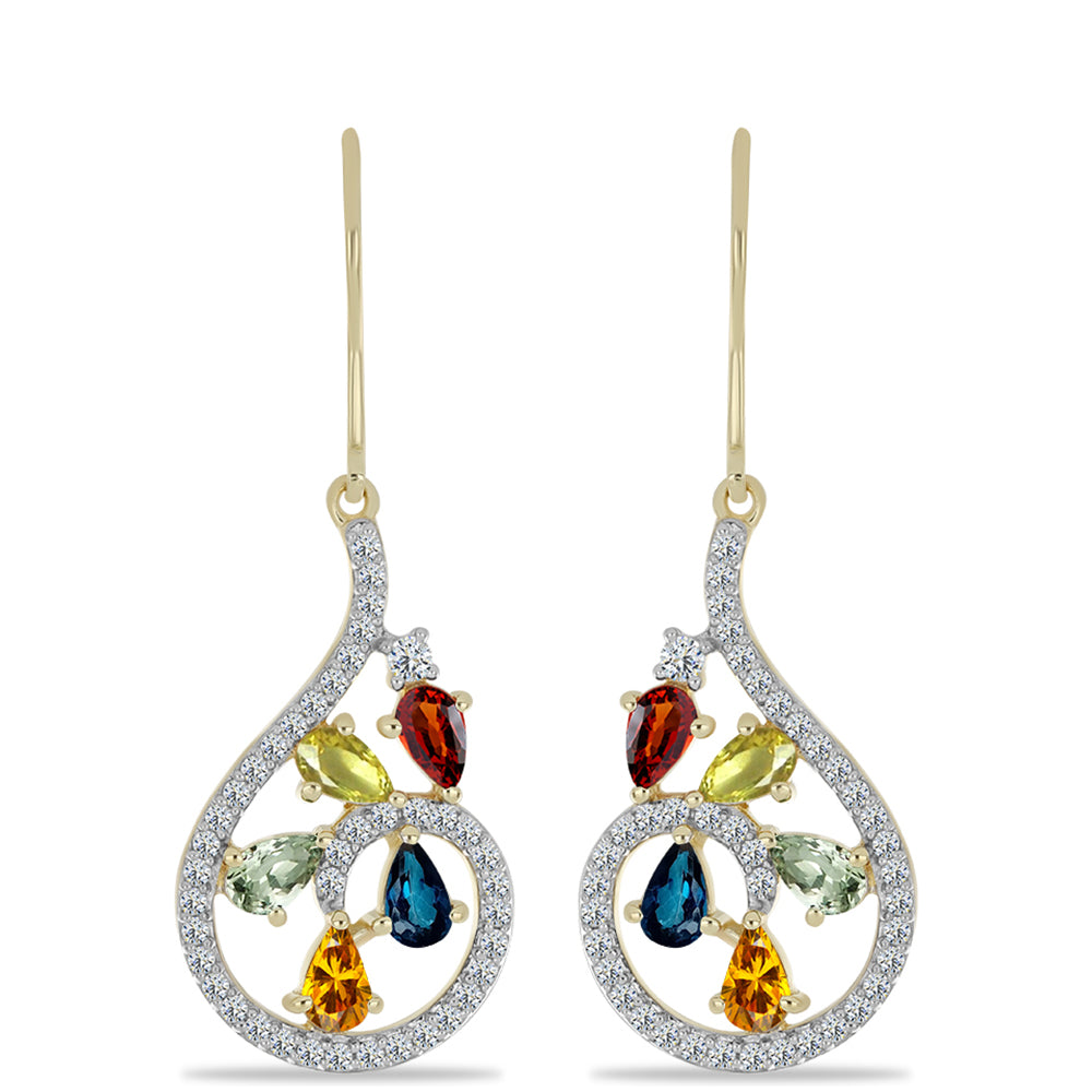 Goldplattierte Silberohrringe mit regenbogenfarbenem Rosebery Saphir und weißem Topas